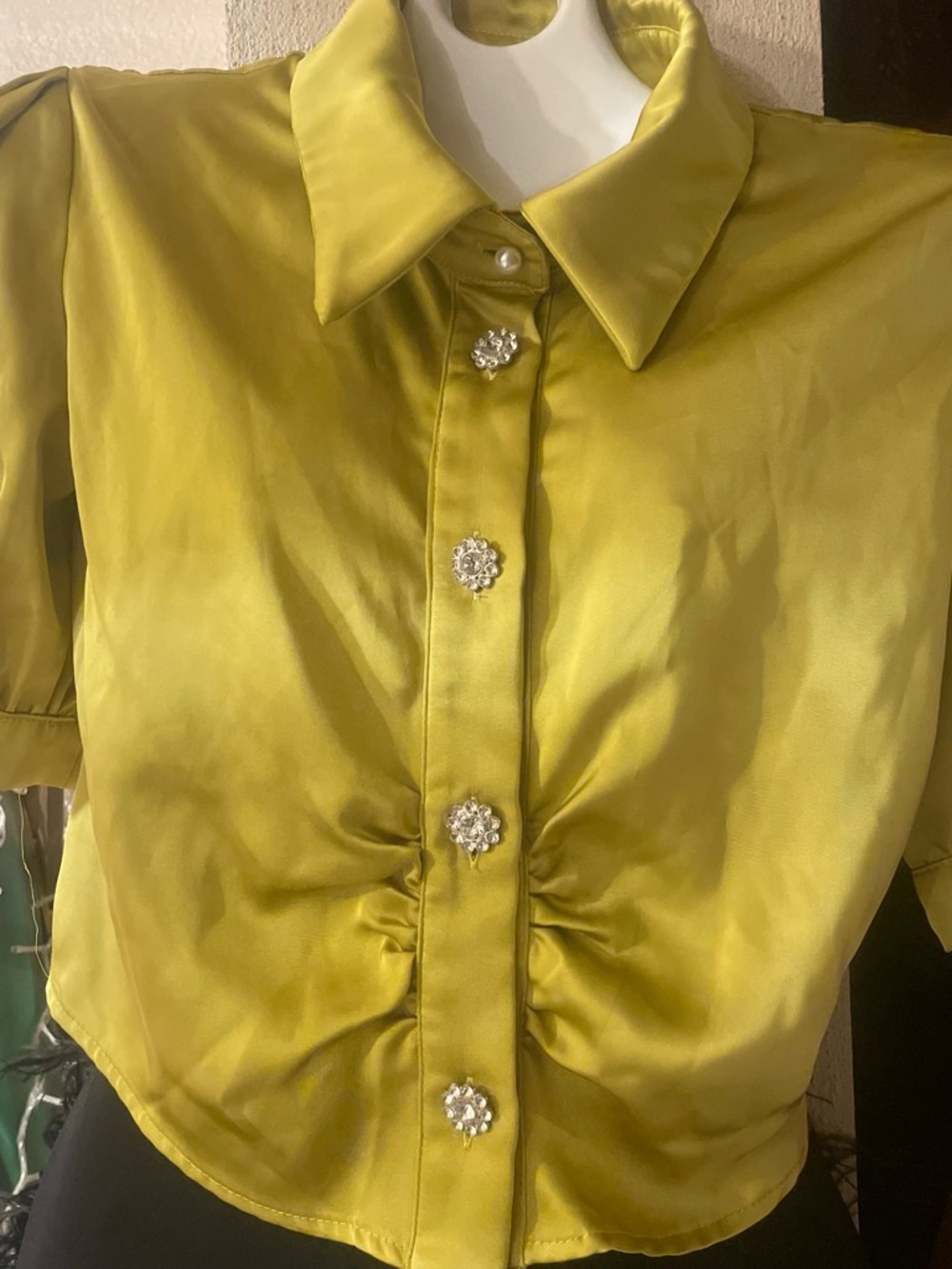 Crystal-Button Satin Blouse in Lime Green